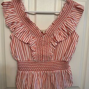 Skies Are Blue Striped Sleeveless Peplum Blouse | Ruffle Detail | Size Small
